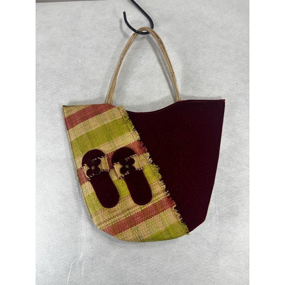 Women’s Two-Tone Tote Bag with Striped Accent - Burgundy and Green